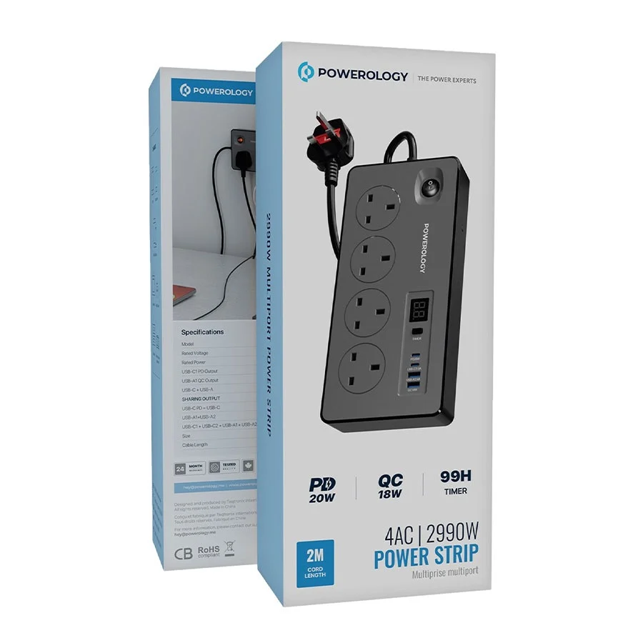 چندراهی برق هوشمند تایمر دار پاورولوژی Powerology 4AC 2990W Power Strip PD 20W PWC045 - Image 2