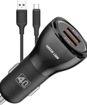 شارژر فندکی دو پورت گرین لاین مدل Dual ظرفیت ۴۰ وات همراه کابل USB-A به Type-C